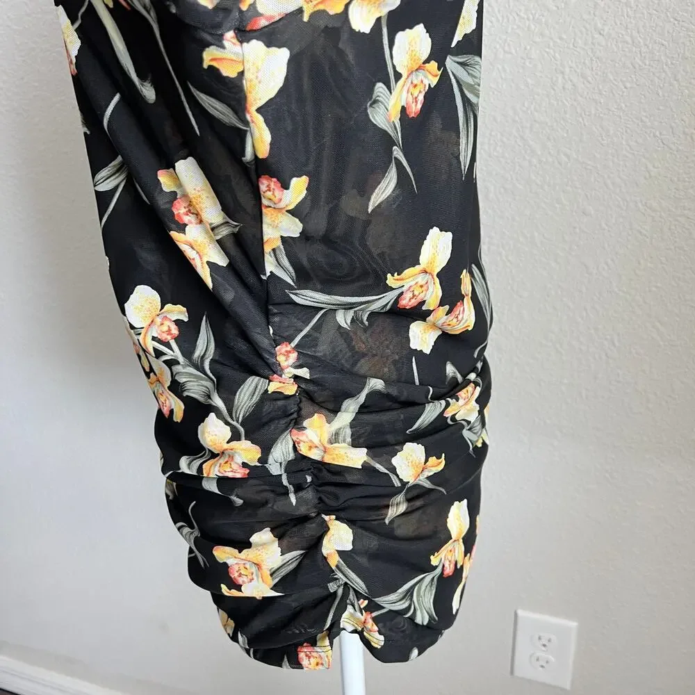 White House Black Market Black Floral Ruched Side Top Women's L Sheer Mesh Layer - Picture 4 of 8